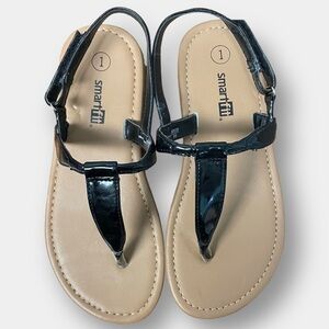 NEW Smart Fit T Strap Sandal Black Faux Patent Leather Girl's Size 1